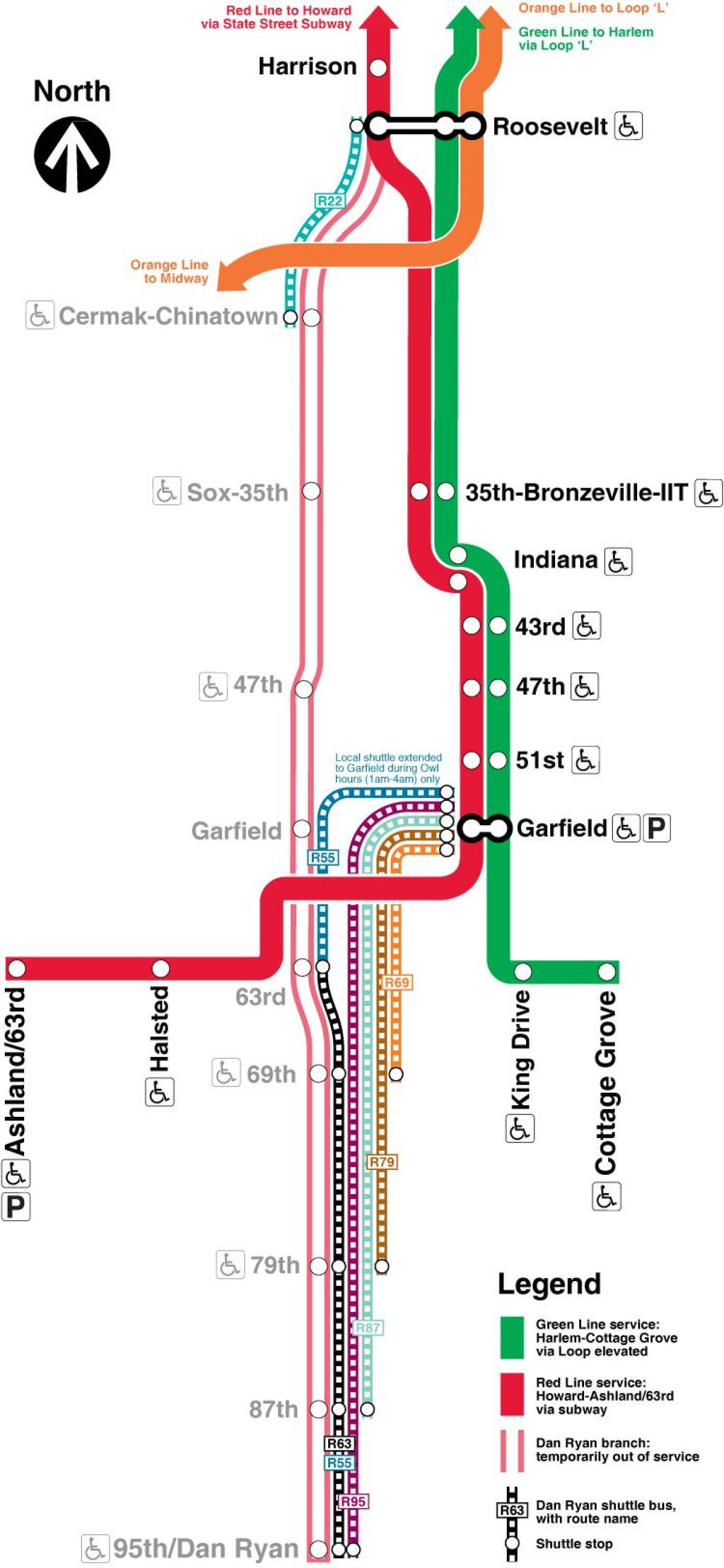 Чыкага карта метро чырвоная лінія